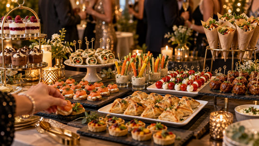 Fingerfood Catering Ulm – Party-Buffet mit Canapés, Spießen, Wraps, Blätterteig-Taschen und Mini-Desserts (Symbolbild, KI-generiert)