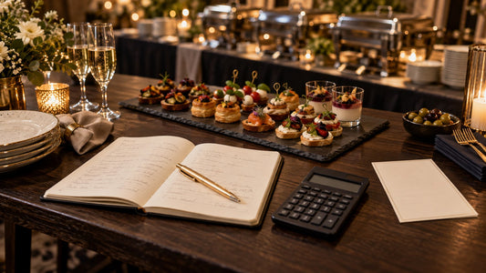 Was kostet Catering in Ulm – Budgetplanung mit Notizbuch, Taschenrechner und Fingerfood, Buffet im Hintergrund (Symbolbild, KI-generiert)