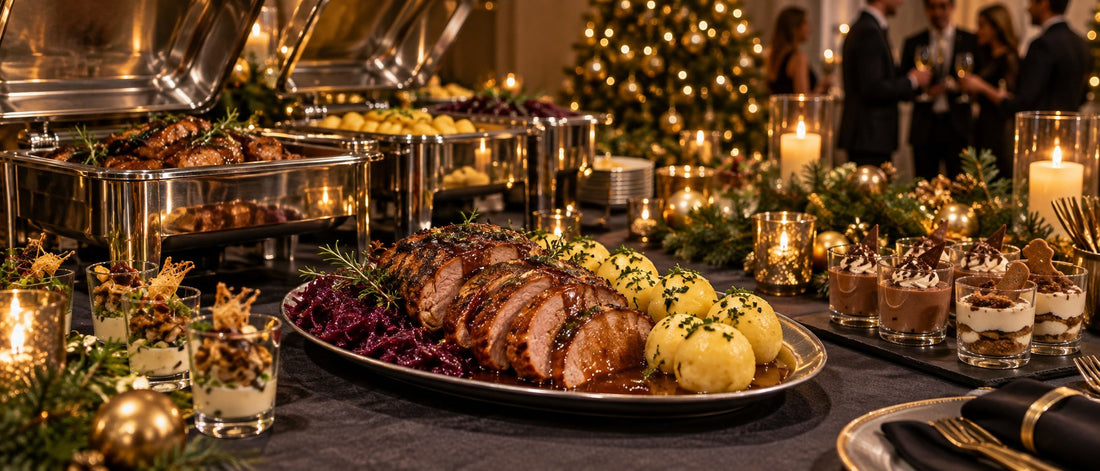 Weihnachtsfeier Catering Ulm – festliches Buffet mit Braten, Rotkohl, Knödeln und Desserts (Symbolbild, KI-generiert)