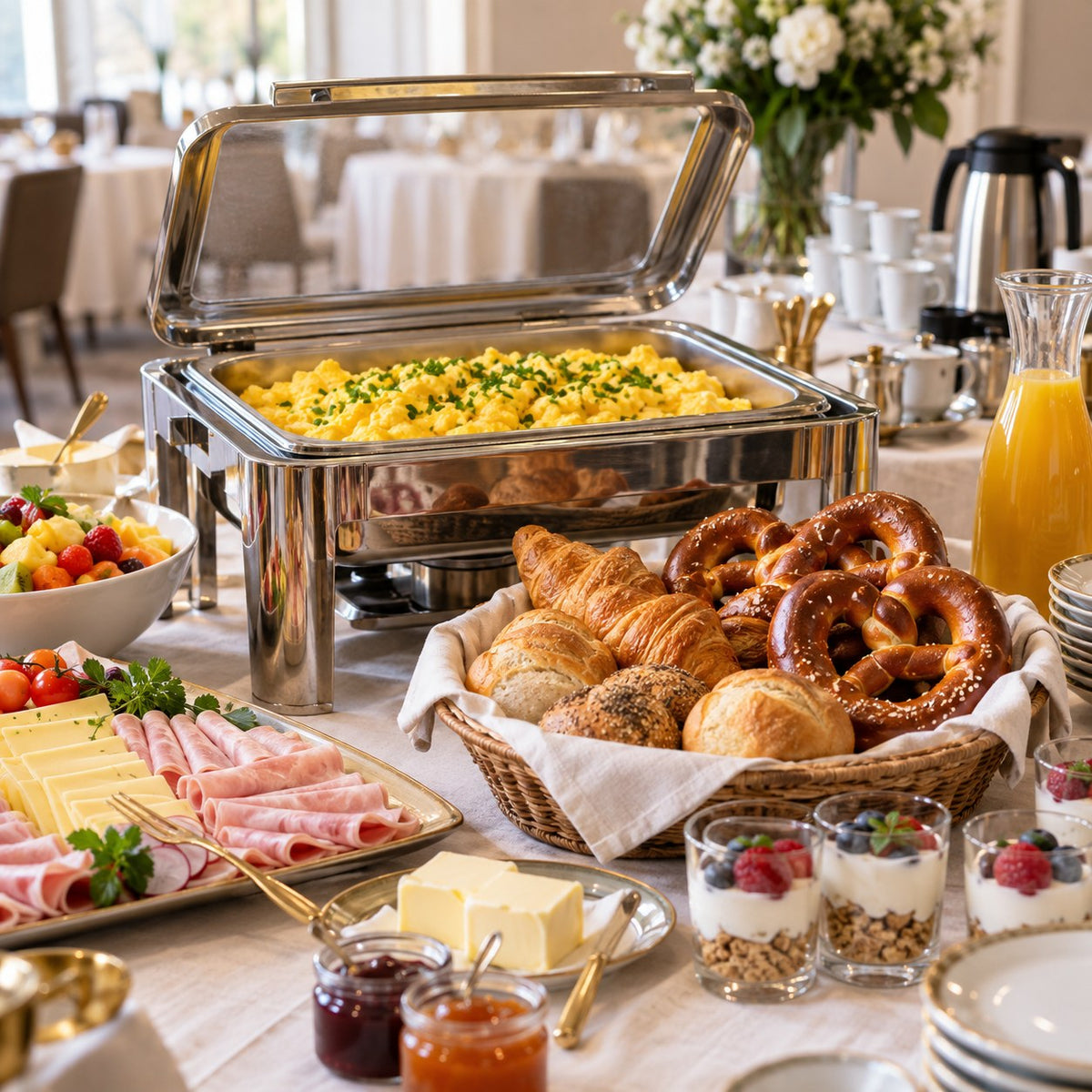 Event Breakfast Catering Ulm – Frühstücksbuffet mit Rührei im Chafing Dish, Brezeln, Croissants, Schinken, Käse, Joghurt und Obst (Symbolbild, KI-generiert)