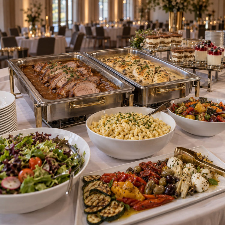 Menüs Catering Ulm – Buffet mit Schweinebraten und Hähnchen in Chafing Dishes, Spätzle, Ofengemüse, Salat, Antipasti und Desserts (Symbolbild, KI-generiert)