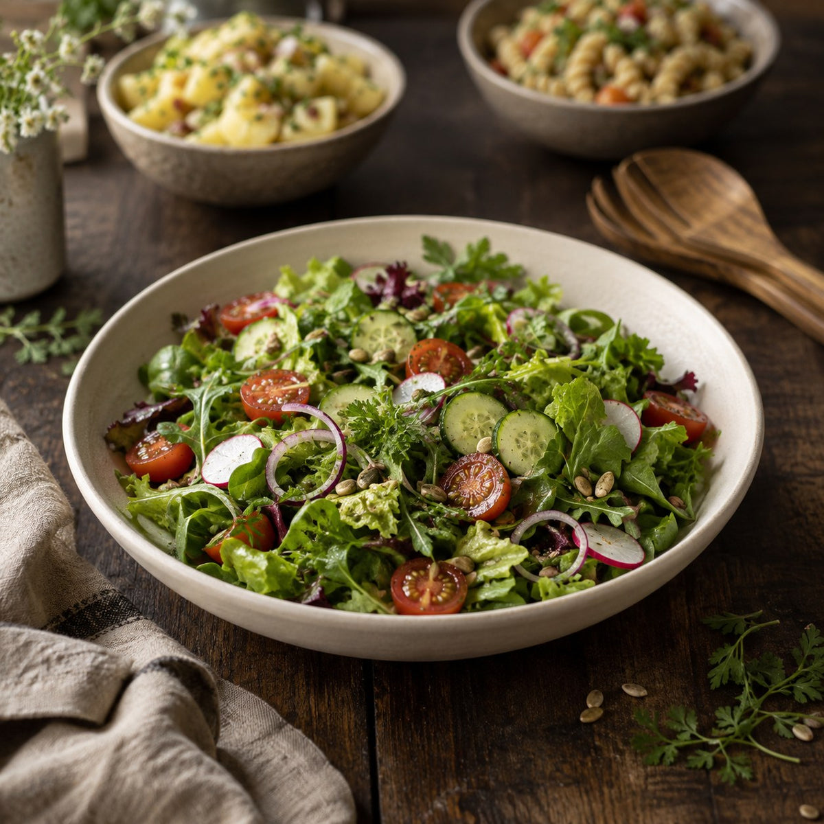 Salate Catering Ulm – gemischter Blattsalat mit Tomaten, Gurke und Radieschen, dahinter Kartoffelsalat und Nudelsalat (Symbolbild, KI-generiert)