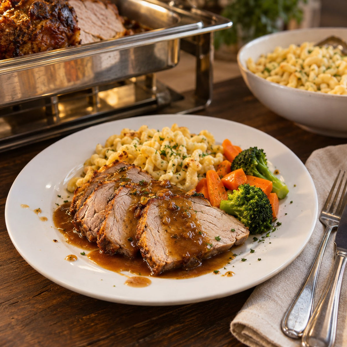 Warme Gerichte Catering Ulm – Schweinebraten mit Soße, Spätzle und Gemüse, Chafing Dish im Hintergrund (Symbolbild, KI-generiert)