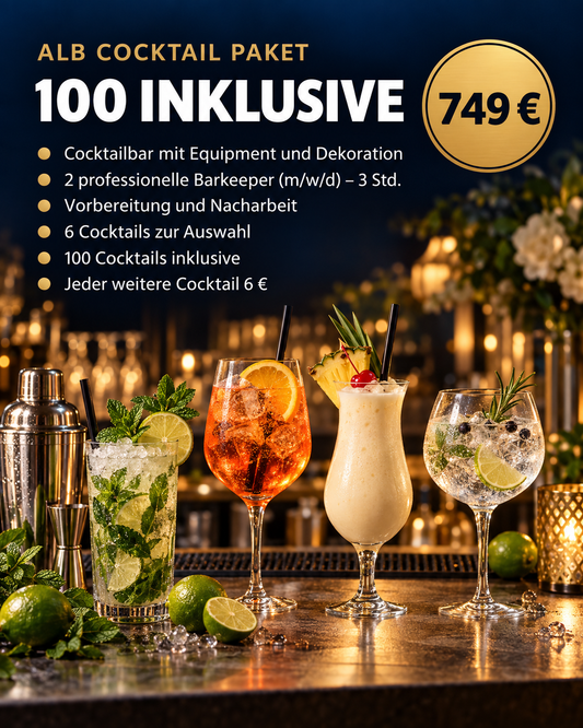 Alb Cocktail Paket 100 inklusive für 749 € – mobile Cocktailbar mit 2 Barkeepern, 6 Cocktails zur Auswahl, 100 Cocktails inklusive (Symbolbild, KI-generiert)