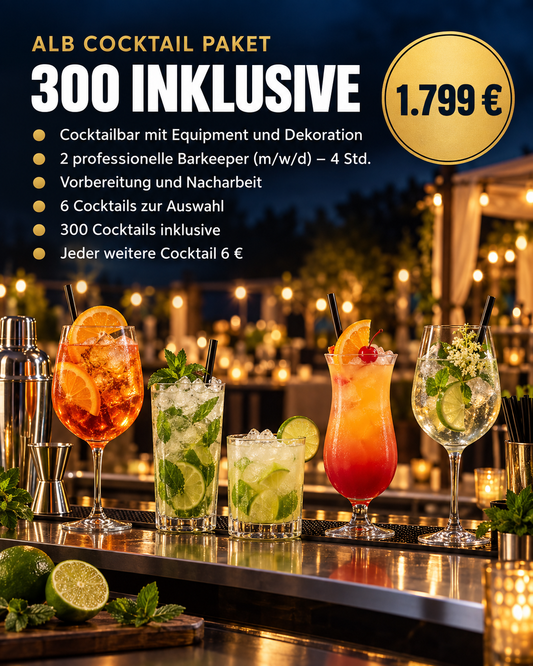 Alb Cocktail Paket 300 inklusive für 1.799 € – mobile Cocktailbar mit 2 Barkeepern, 6 Cocktails zur Auswahl, 300 Cocktails inklusive (Symbolbild, KI-generiert)