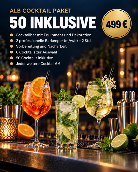 Alb Cocktail Paket 50 inklusive für 499 € – mobile Cocktailbar mit 2 Barkeepern, 6 Cocktails zur Auswahl, 50 Cocktails inklusive (Symbolbild, KI-generiert)
