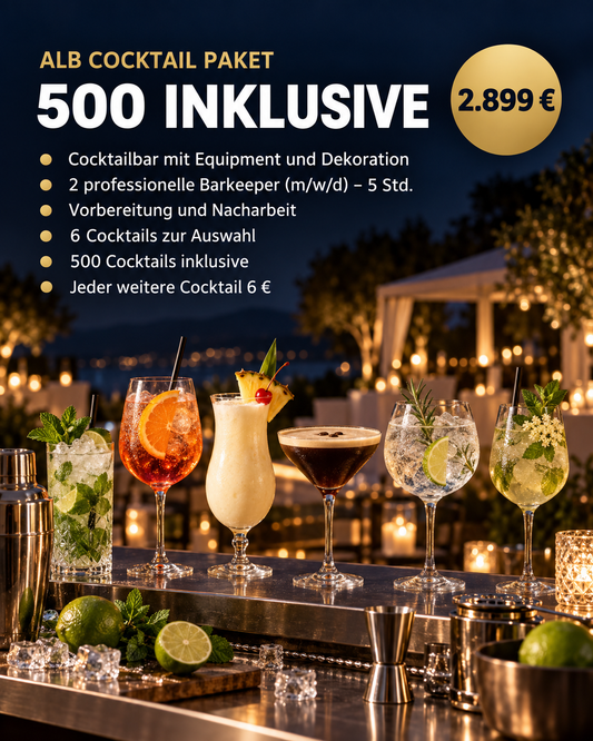 Alb Cocktail Paket 500 inklusive für 2.899 € – mobile Cocktailbar mit 2 Barkeepern, 6 Cocktails zur Auswahl, 500 Cocktails inklusive (Symbolbild, KI-generiert)