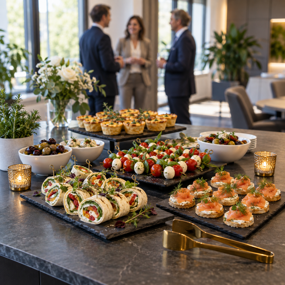 Business Catering Ulm – Fingerfood-Buffet mit Wraps, Caprese-Spießen, Lachs-Canapés und Mini-Quiches im Konferenzraum (Symbolbild, KI-generiert)