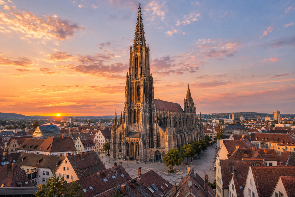 Catering Ulm und Umgebung – Ulmer Münster und Altstadt bei Sonnenuntergang (Symbolbild, KI-generiert)