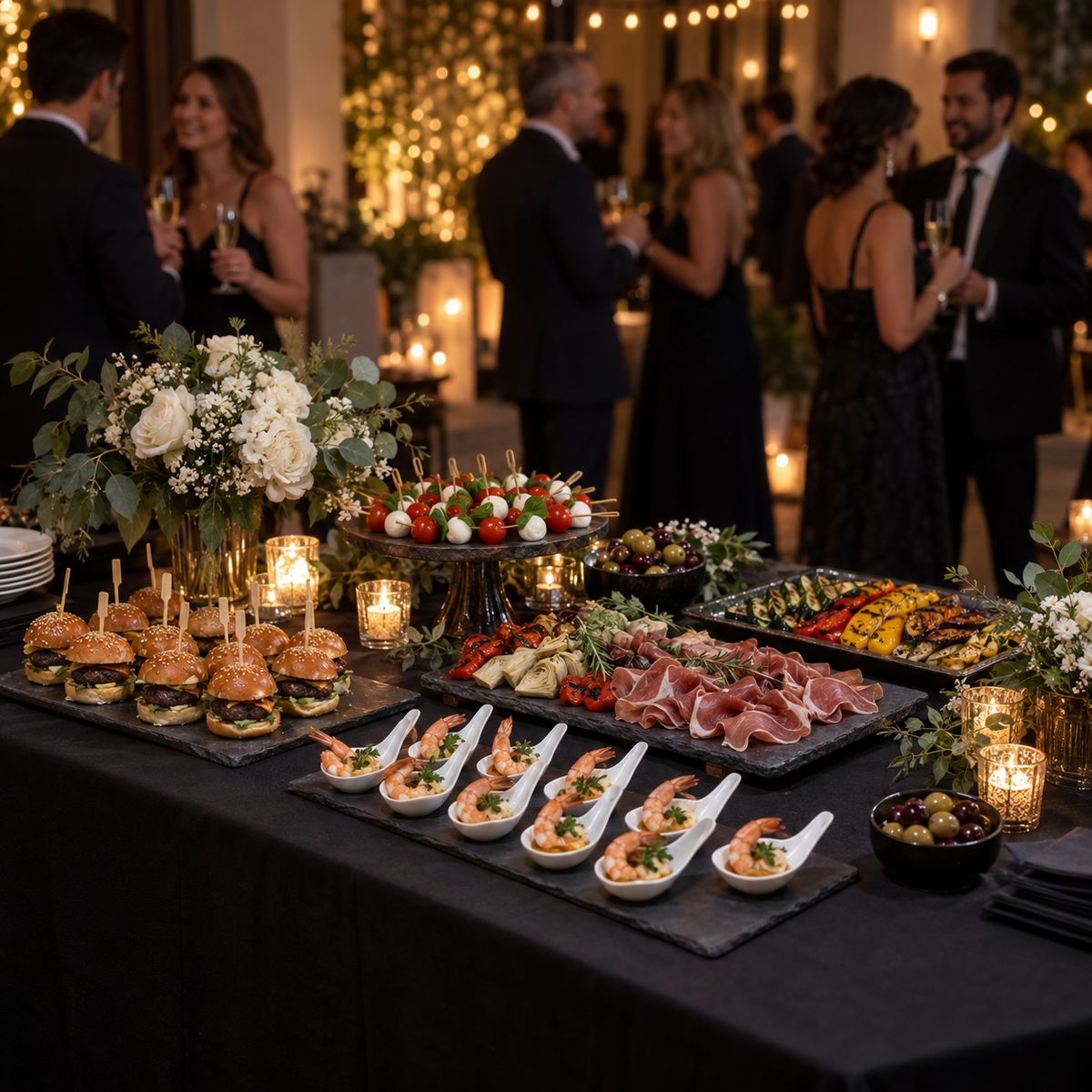 Privates Catering Ulm – festliches Fingerfood-Buffet mit Mini-Burgern, Caprese-Spießen, Garnelen und Antipasti bei einer Abendfeier (Symbolbild, KI-generiert)